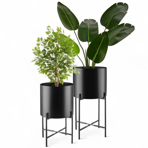 tectake® Pflanzenständer 2er Set, Blumenständer, Metall Blumentopf, abnehmbare Übertöpfe, Blumentöpfe als Deko Wohnzimmer, Übertopf für Innen und Außen, Blumenhocker mit Füßen und Übertopf, schwarz von tectake