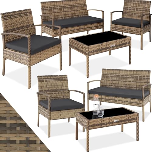 tectake® Poly Rattan Gartenmöbel wetterfest, Gartenset mit 2X Sessel, 1x Gartenbank, 1x Tisch, Outdoor Lounge Möbel Set für Garten, Terrasse und Balkon - Natur von tectake