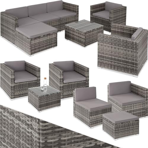 tectake® Poly Rattan Lounge, Outdoor Sitzgruppe, Set mit Sofa, 2 Sesseln, Hocker, Tisch, frei kombinierbar, Gartenmöbel für 5-6 Personen, für Garten Terrasse Balkon, inkl. Polster - grau von tectake