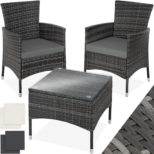 tectake® Poly Rattan Möbel Gartenset mit Wechselbezügen, 2 Stühle und Tisch mit Glasplatte, 2X Outdoor Lounge Sessel mit Armlehne und Gartentisch, Gartenmöbel Set, Balkonmöbel - grau von tectake