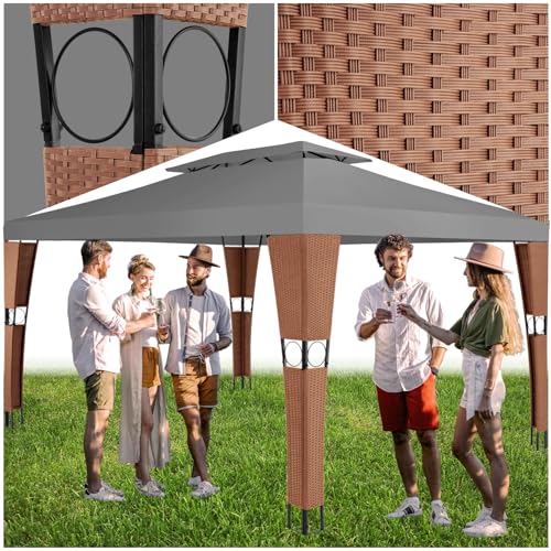 tectake® Poly Rattan Pavillon wetterfest, 3x4 m, Zelt, Sonnenschutz Balkon, Gartenpavillon, Partyzelt, Sonnenschutz Terrasse, Überdachung, Sonnenpavillon Garten - braun/anthrazit von tectake