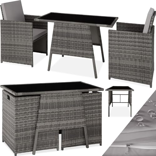 tectake® Poly Rattan Sitzgruppe für 2 Personen, Outdoor Möbel platzsparend zusammenschiebbar, 2 Sessel & 1 Tisch, ideales Balkon Lounge Set, Gartenmöbel, Terrassenmöbel wetterfest - grau von tectake