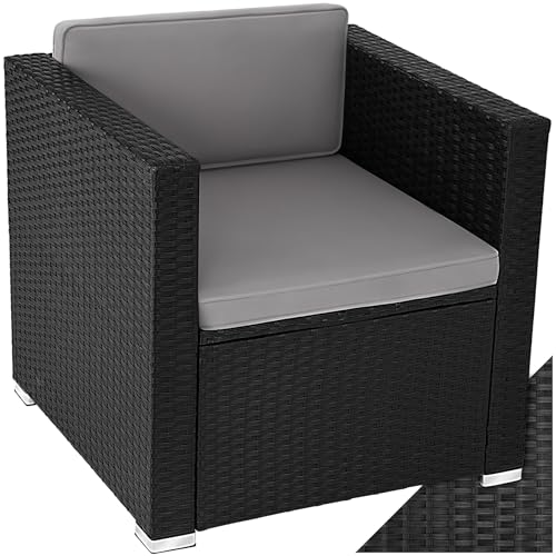 tectake® Poly Rattan bequemer Sessel mit Armlehnen, Outdoor Gartenmöbel für Balkon, Garten, Lounge, 70 x 69 x 65 cm, Wasserabweisende und waschbare Bezüge, inkl. Sitz- & Rückenpolster - schwarz von tectake