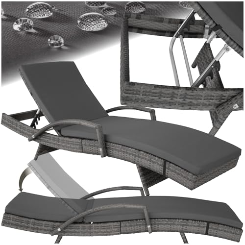 tectake® Polyrattan Sonnenliege, Gartenliege mit 5-Fach Verstellbarer Rückenlehne, wetterfest, Outdoor Relaxliege mit weicher Polsterauflage, Rattanliege für Garten, Balkon und Terrasse - grau von tectake