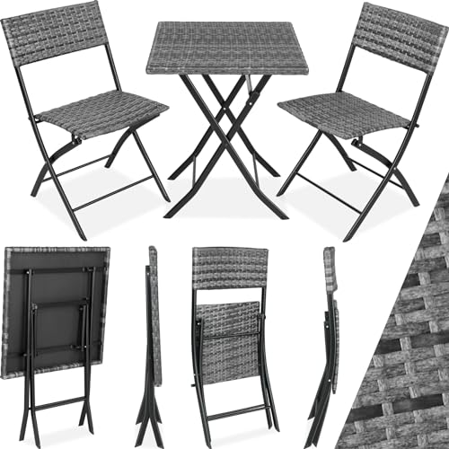 tectake® Rattan Balkon oder Garten Bistro Möbel Set, Sitzgruppe mit 2 Stühlen und 1 Kleiner Esstisch, platzsparend klappbar, Gartenmöbel, Balkonmöbel Kleiner Balkon - grau von tectake