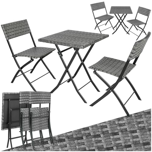 tectake® Rattan Balkon oder Garten Bistro Möbel Set, Sitzgruppe mit 2 Stühlen und 1 Kleiner Esstisch, platzsparend klappbar, Gartenmöbel, Balkonmöbel Kleiner Balkon - grau von tectake