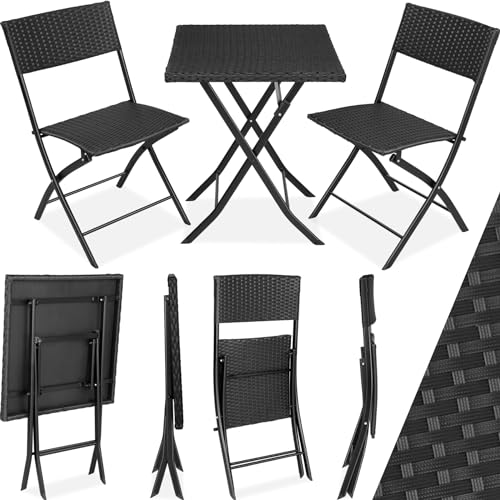 tectake® Rattan Balkon oder Garten Bistro Möbel Set, Sitzgruppe mit 2 Stühlen und 1 Kleiner Esstisch, platzsparend klappbar, Gartenmöbel, Balkonmöbel Kleiner Balkon - schwarz von tectake