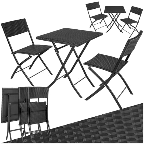tectake® Rattan Balkon oder Garten Bistro Möbel Set, Sitzgruppe mit 2 Stühlen und 1 Kleiner Esstisch, platzsparend klappbar, Gartenmöbel, Balkonmöbel Kleiner Balkon - schwarz von tectake