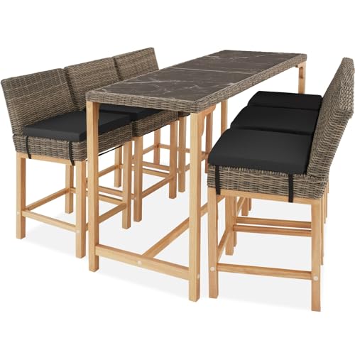 tectake® Rattan Bartisch mit Barhocker Set, Outdoor Balkon Möbel, Gartenmöbel Set mit Stehtisch und 6X Barstuhl mit Lehne, Theke in Marmor Optik, für Garten, Terrasse, Balkon - grau von tectake