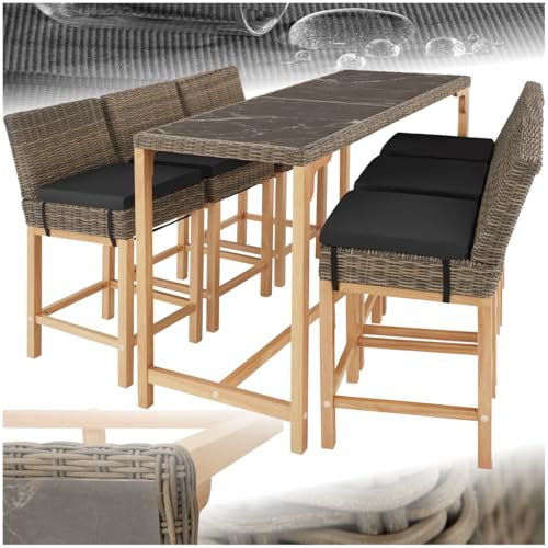 tectake® Rattan Bartisch mit Barhocker Set, Outdoor Balkon Möbel, Gartenmöbel Set mit Stehtisch und 6X Barstuhl mit Lehne, Theke in Marmor Optik, für Garten, Terrasse, Balkon - grau von tectake