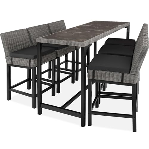 tectake® Rattan Bartisch mit Barhocker Set, Outdoor Balkon Möbel, Gartenmöbel Set mit Stehtisch und 6X Barstuhl mit Lehne, Theke in Marmor Optik, für Garten, Terrasse, Balkon - grau von tectake