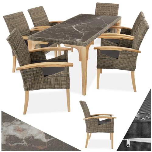 tectake® Rattan Möbel Set, 6X Stühle, 1x Tisch, modern, Korbsessel mit Armlehne, Esstisch Marmor Optik, Esszimmer Lounge Gartenmöbel für Balkon, Terrasse, Wintergarten, Outdoor Küche - Natur von tectake