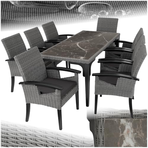 tectake® Rattan Möbel Set, 8X Stühle, 1x Tisch, modern, Korbsessel mit Armlehne, Esstisch Marmor Optik, Esszimmer Lounge Gartenmöbel für Balkon, Terrasse, Wintergarten, Outdoor Küche - grau von tectake