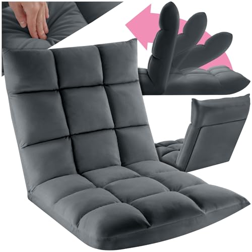 tectake® Relaxsessel, XXL Bodenstuhl faltbar mit Liegefunktion, Bodensessel mit Verstellbarer Rückenlehne, nutzbar als Sessel, Sitzkissen, Bodenkissen, Relaxliege oder für Meditation (grau) von tectake