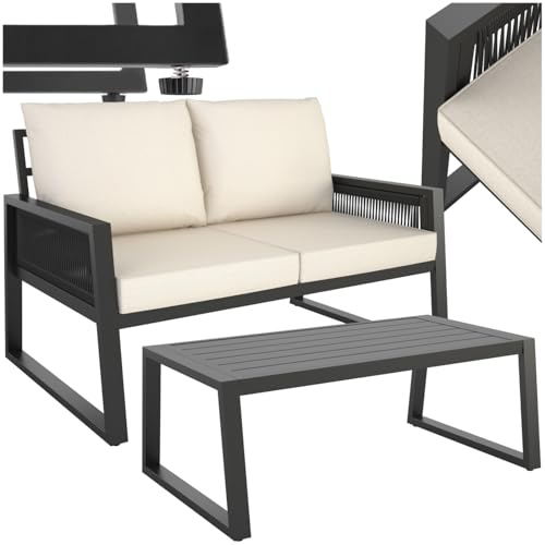 tectake® Rope Design Lounge Möbel Set für Garten oder Balkon, Outdoor Sitzgruppe Terrassenmöbel mit 1x Sofa 1x Tisch in Holz Optik, inkl. Gartenmöbel-Kissen, wetterfest von tectake