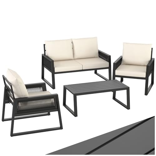 tectake® Rope Design Lounge Möbel Set für Garten oder Balkon, Outdoor Sitzgruppe Terrassenmöbel mit 2X Sessel, 1x Sofa, 1x Tisch in Holz Optik, inkl. Gartenmöbel-Kissen, wetterfest von tectake