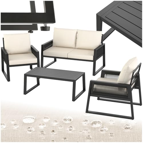 tectake® Rope Design Lounge Möbel Set für Garten oder Balkon, Outdoor Sitzgruppe Terrassenmöbel mit 2X Sessel, 1x Sofa, 1x Tisch in Holz Optik, inkl. Gartenmöbel-Kissen, wetterfest von tectake