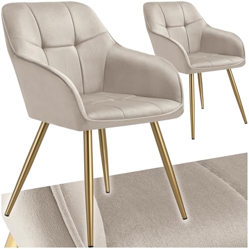 tectake® Samt Stuhl, Esszimmerstuhl mit Stepp Samtstoff, Küchenstühle modern, gemütlicher Sessel Wohnzimmer, Armlehnstuhl Esszimmer, Dining Lounge, Schminktisch Stuhl - Taupe/Gold, 2er Set von tectake