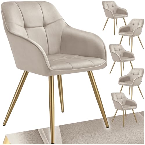 tectake® Samt Stuhl, Esszimmerstuhl mit Stepp Samtstoff, Küchenstühle modern, gemütlicher Sessel Wohnzimmer, Armlehnstuhl Esszimmer, Dining Lounge, Schminktisch Stuhl - Taupe/Gold, 6er Set von tectake