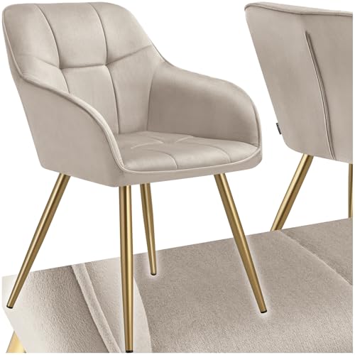 tectake® Samt Stuhl, Esszimmerstuhl mit Stepp Samtstoff, Küchenstühle modern, gemütlicher Sessel Wohnzimmer, Armlehnstuhl Esszimmer, Dining Lounge, Schminktisch Stuhl - Taupe/Gold von tectake