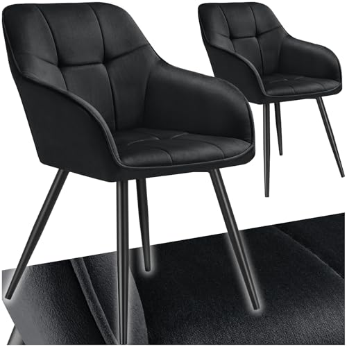 tectake® Samt Stuhl, Esszimmerstuhl mit Stepp Samtstoff, Küchenstühle modern, gemütlicher Sessel Wohnzimmer, Armlehnstuhl Esszimmer, Dining Lounge, Schminktisch Stuhl - schwarz/schwarz, 2er Set von tectake