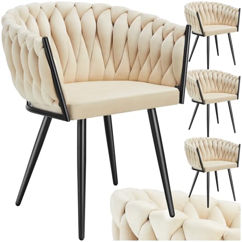 tectake® Samt Stuhl, Schalenstuhl mit Armlehne in Knoten Optik, Esszimmerstühle, Sessel modern für Wohnzimmer, Esszimmer, als Küchenstühle, für Schminktisch, Dining Chair Set - Sand, 4er Set von tectake
