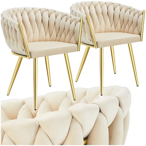 tectake® Samt Stuhl, Schalenstuhl mit Armlehne in Knoten Optik, Esszimmerstühle, Sessel modern für Wohnzimmer, Esszimmer, als Küchenstühle, für Schminktisch, Dining Chair Set - Sand/Gold, 2er Set von tectake