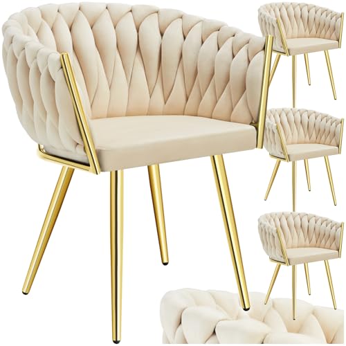 tectake® Samt Stuhl, Schalenstuhl mit Armlehne in Knoten Optik, Esszimmerstühle, Sessel modern für Wohnzimmer, Esszimmer, als Küchenstühle, für Schminktisch, Dining Chair Set - Sand/Gold, 4er Set von tectake