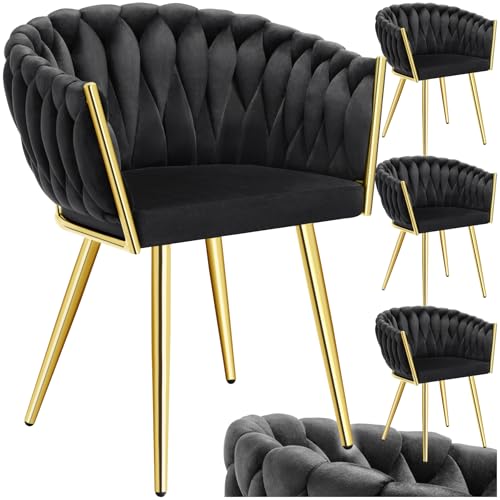 tectake® Samt Stuhl, Schalenstuhl mit Armlehne in Knoten Optik, Esszimmerstühle, Sessel modern für Wohnzimmer, Esszimmer, als Küchenstühle, für Schminktisch, Dining Chair Set - Schwarz/Gold, 4er Set von tectake