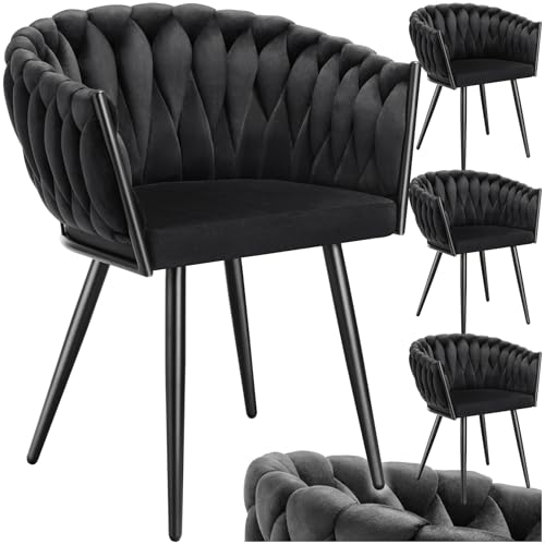 tectake® Samt Stuhl, Schalenstuhl mit Armlehne in Knoten Optik, Esszimmerstühle, Sessel modern für Wohnzimmer, Esszimmer, als Küchenstühle, für Schminktisch, Dining Chair Set - schwarz, 4er Set von tectake