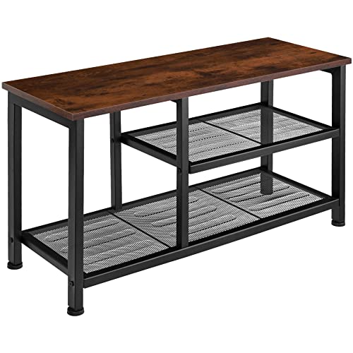 tectake® Schuhregal schmal mit Sitzfläche, Schuhbank 3 Ebenen, 2 Gitterablagen, Schuhregal platzsparend 80 x 30 x 45,5cm, Flur Regal, Schuhschrank, Garderobe - Industrial Holz dunkel, rustikal von tectake
