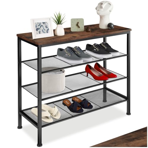 tectake® Schuhregal schmal mit Sitzfläche, Schuhbank 4 Ebenen, 3 Gitterablagen, Schuhregal platzsparend 80,5 x 30,5 x 72,5cm, Flur Regal, Schuhschrank, Garderobe (Industrial Dunkelbraun) von tectake
