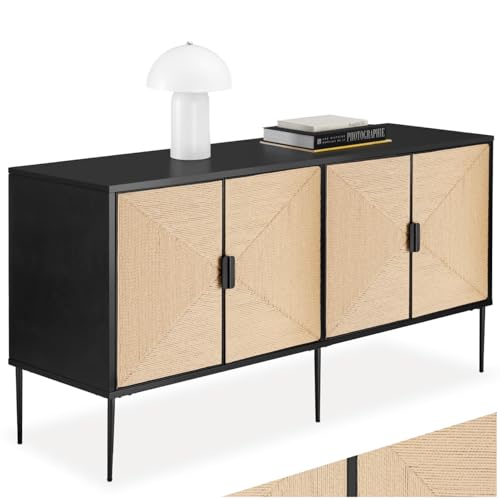 tectake® Sideboard im Boho Stil, Kommode mit 2 Schrankfächern, 150 x 47 x 77 cm, Sideboard Wohnzimmer, Schrank mit Fronten in Jute-Optik, Vitrinenschrank in schwarz, Flurschrank, Schlafzimmer Kommode von tectake