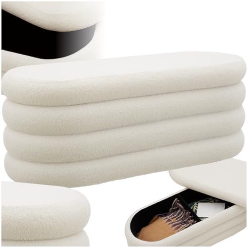 tectake® Sitzbank mit Stauraum, Sitzhocker, Hocker mit Stauraum, Stoff, Pouf, Polsterhocker, Sitztruhe, Truhe mit Deckel, Truhenbank mit Stauraum, Möbel für Wohnzimmer, 110x45x42cm - Bouclé créme-weiß von tectake