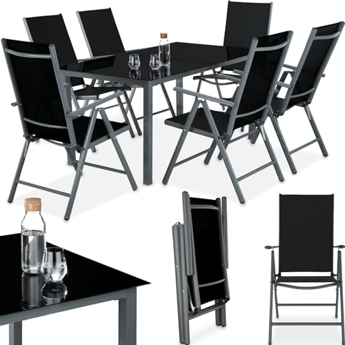 tectake® Sitzgarnitur Aluminium Klappstühle, Lounge Set mit 6X Stühle und 1x Glastisch Esstisch, Gartenmöbel Set wetterfest für den Balkon, Gartenstühle, Terrassenmöbel, Liegestuhl - dunkelgrau von tectake