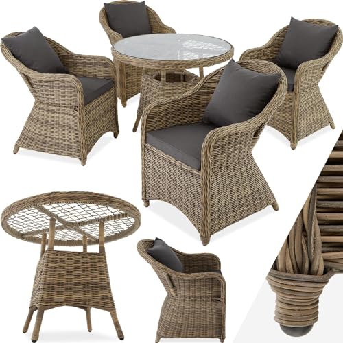 tectake® Sitzgruppe, Rattan Gartenmöbel Set, 1x Tisch und 4X Stuhl, Möbel wetterfest als Lounge im Wintergarten, Balkonmöbel, Gartensessel, Terrassenmöbel - Natur von tectake