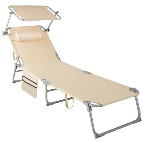 tectake® Sonnenliege klappbar, tragbar, Liege mit Seitentasche, Strandliege, Gartenliege mit Dach, Liegestuhl mit Verstellbarer Rückenlehne, inkl. Kopfkissen - für Balkon, Terrasse, Camping - beige von tectake