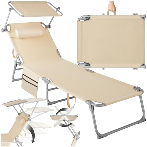 tectake® Sonnenliege klappbar, tragbar, Liege mit Seitentasche, Strandliege, Gartenliege mit Dach, Liegestuhl mit Verstellbarer Rückenlehne, inkl. Kopfkissen - für Balkon, Terrasse, Camping - beige von tectake