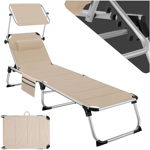 tectake® Sonnenliege mit Dach, Liege klappbar mit Kopfkissen + Seitentasche, zusammenklappbar, leicht tragbar, Strandliege, Liegestuhl klappbar für Garten, Sonnenliege Camping - beige von tectake