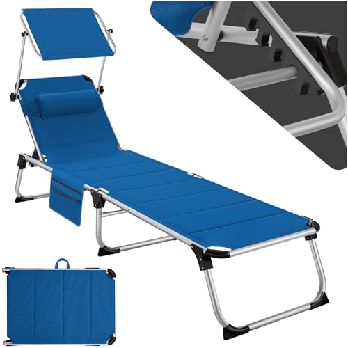 tectake® Sonnenliege mit Dach, Liege klappbar mit Kopfkissen + Seitentasche, zusammenklappbar, leicht tragbar, Strandliege, Liegestuhl klappbar für Garten, Sonnenliege Camping - blau von tectake