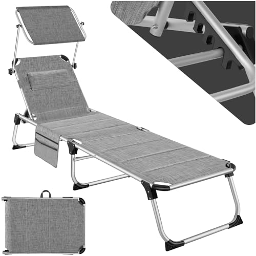 tectake® Sonnenliege mit Dach, Liege klappbar mit Kopfkissen + Seitentasche, zusammenklappbar, leicht tragbar, Strandliege, Liegestuhl klappbar für Garten, Sonnenliege Camping - grau-meliert von tectake