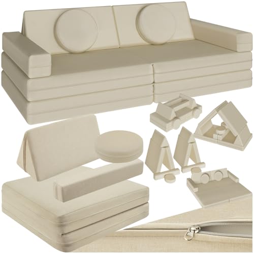 tectake® Spielsofa, Kindersofa klappbar, modulares Sofa mit Spiel- und Schlaffunktion, Möbel für Kinderzimmer, Indoor Spielplatz, Couch oder Sitzkissen, Schaumstoff Stapelsteine - 160 cm, beige von tectake