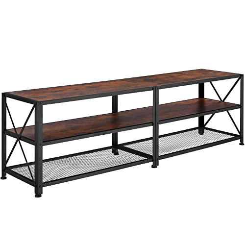 tectake® TV-Schrank, Lowboard für Fernseher bis zu 60/70 Zoll, 141/161 cm, Industrie-Design, Fernsehtisch mit offenen Ablagen, Holz, schwarzes Metallgestell (Industrial Dunkelbraun, 161 cm) von tectake