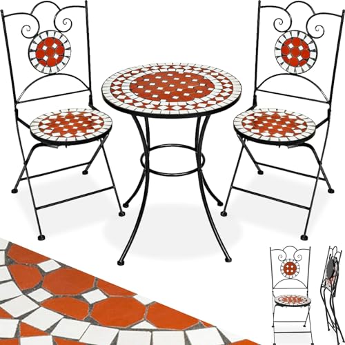 tectake® Terracotta Mosaik Bistroset, Beistelltisch rund mit 2X Stuhl, Balkonmöbel und Balkon Deko, Gartenmöbel, Terrassen Möbel Gartentisch mit Stühlen, wetterfest - braun von tectake