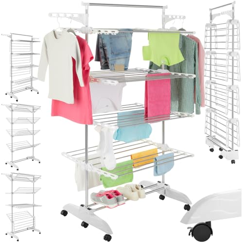 tectake® Wäscheständer, Turm Wäschespinne mit 4 höhenverstellbaren Ebenen, Wäschetrockner mit Rollen, platzsparender Wäscheturm, 2 drehbare Seitenflügel, klappbarer Standtrockner für Innen & Außen von tectake