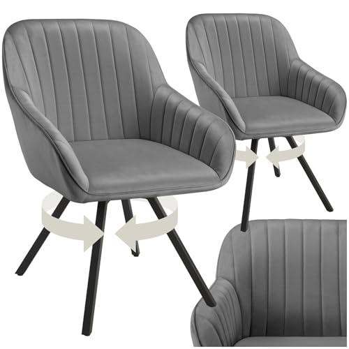 tectake® drehbare Esszimmerstühle mit Armlehne, Schalenstuhl ergonomisch mit Samt Bezug, gesteppt, Stühle drehbar für Wohnzimmer, Esstisch, Arbeitszimmer, Schminktisch, Küchenstühle - 2er Set, grau von tectake