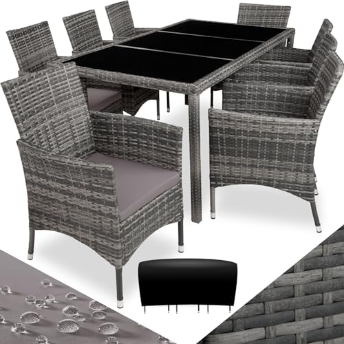 tectake® edles Outdoor Gartenmöbel Set Rattan Sitzgruppe mit Sessel und Tisch für 8 Personen, inkl. Schutzhülle und Polstern, Balkon Möbel wetterfest - grau-meliert/grau von tectake