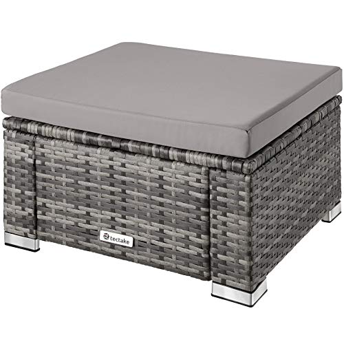 tectake® witterungsbeständiger Outdoor Rattan Hocker mit abnehmbarem Kissen, Lounge Hocker, Balkon Möbel, Gartenmöbel Set, Pouf Ergänzung zu Lounge, Sessel oder als Beistelltisch - grau von tectake