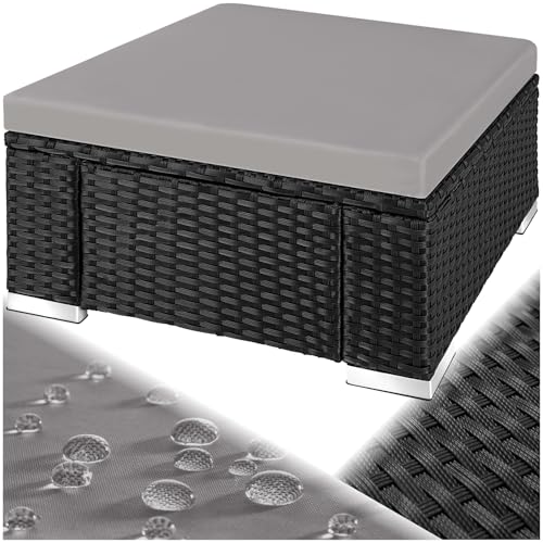 tectake® witterungsbeständiger Outdoor Rattan Hocker mit abnehmbarem Kissen, Lounge Hocker, Balkon Möbel, Gartenmöbel Set, Pouf Ergänzung zu Lounge, Sessel oder als Beistelltisch - schwarz/grau von tectake