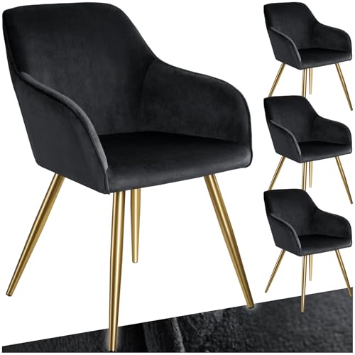 tectake® 4er Set Esszimmerstuhl, Sessel bequem mit Armlehne, Polsterstuhl, Samtstoff Cocktailsessel, Loungesessel für Wohnzimmer, Esszimmer, Moderne Küchenstühle, Bürostuhl - schwarz/Gold von tectake